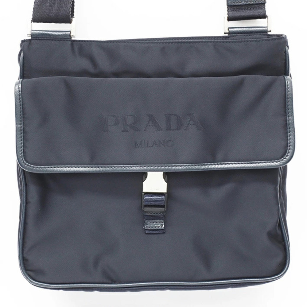 Prada Shoulder Bag Triangle Logo Crossbody Tessuto Saffiano Leather Navy Blue